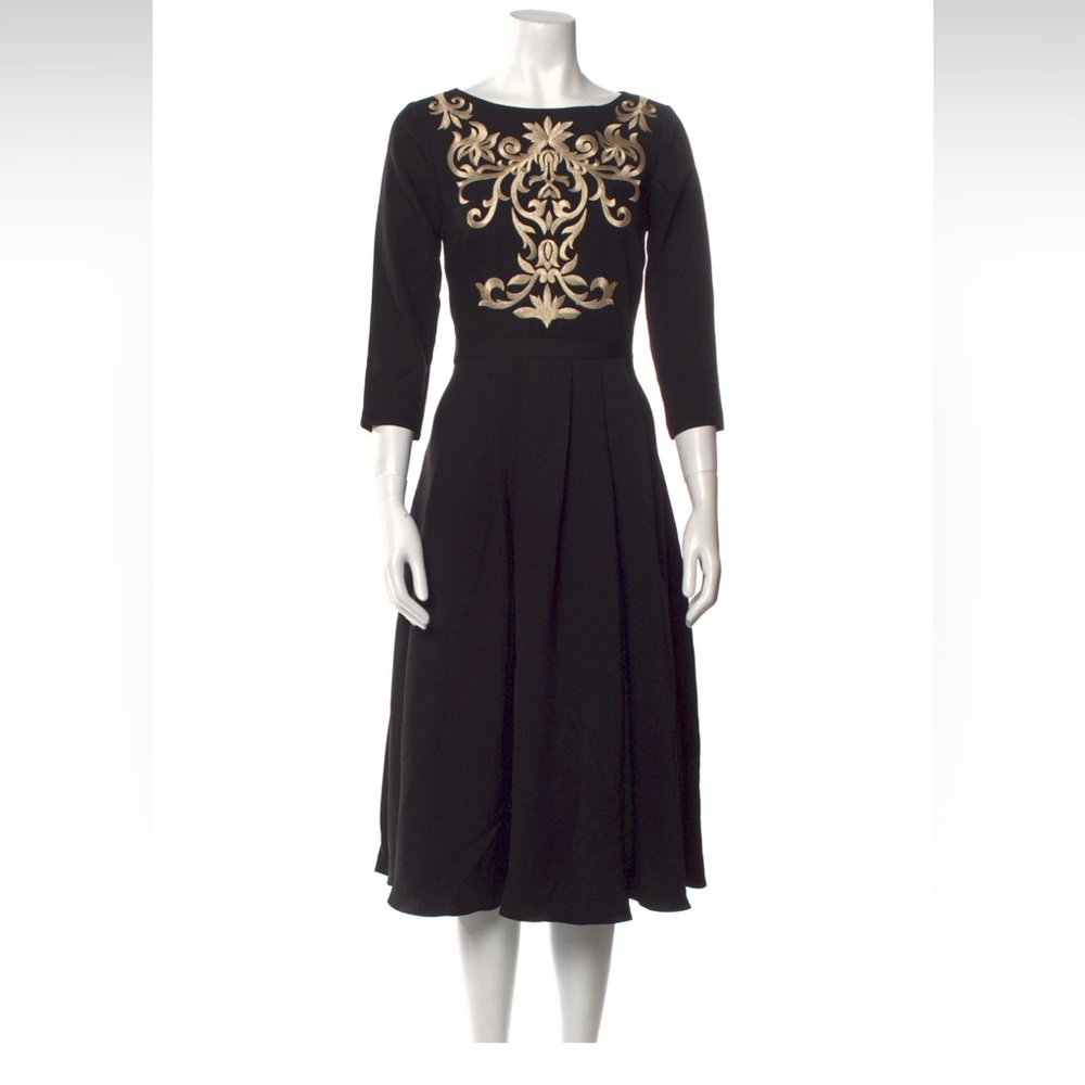 Ted Baker London Bateau neckline midi black & Gold Embroidered dress size‎ 1